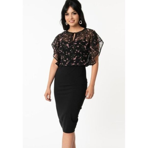 New Unique Vintage Dress Womens 3x 20 Plus Black Floral Chiffon Overlay - Picture 1 of 7